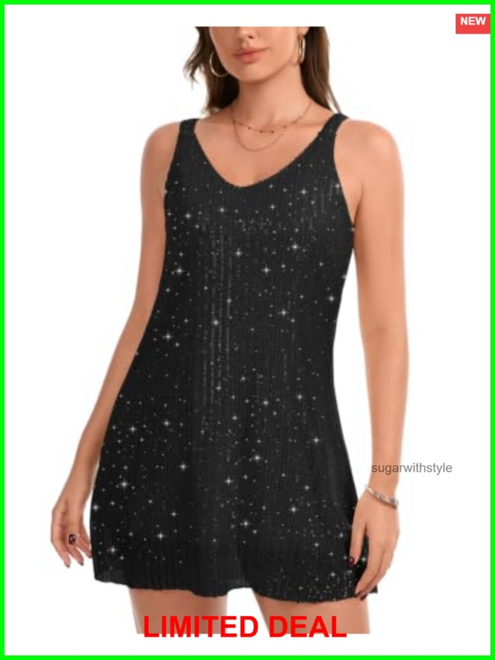 Sequined Sleeveless V Neck A-Line Mini Dress for Club & Night Out